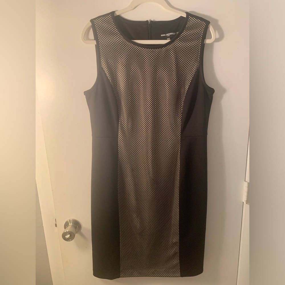EUC Karl Lagerfeld Paris Black and Beige netting Sheath Dress in Size 12